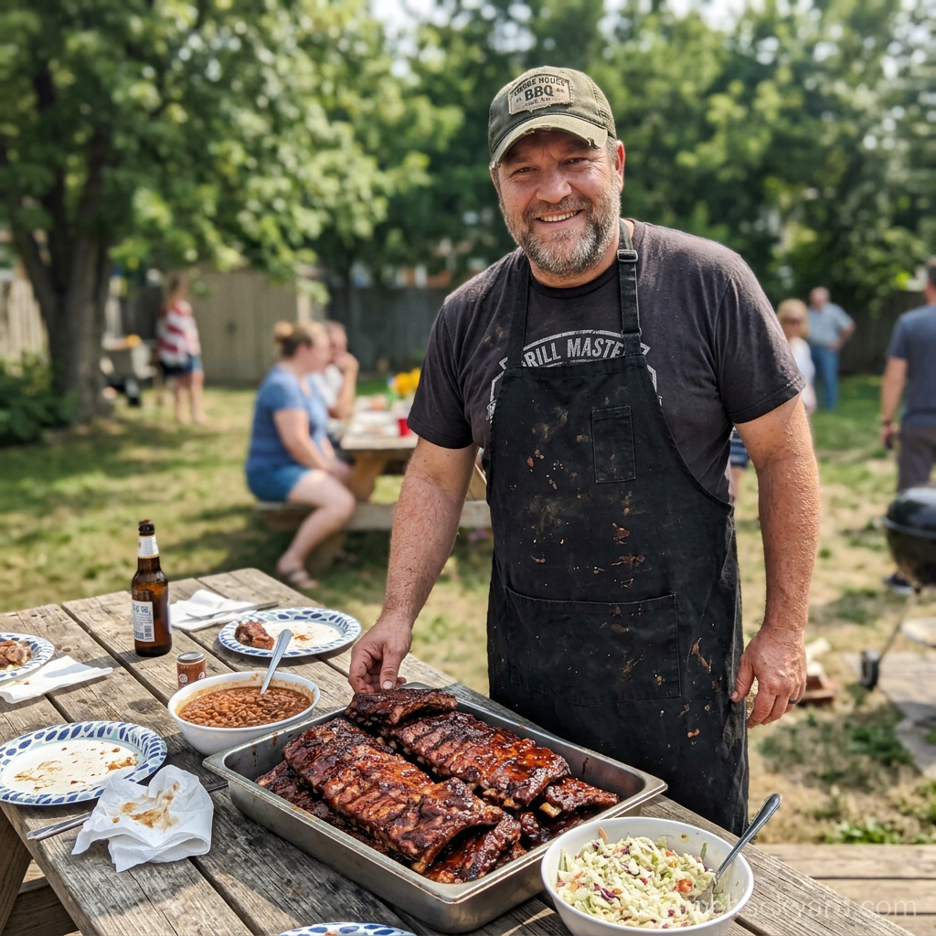 Brandon (Big B) standing next to a table full of glazed ribs and backyard sides