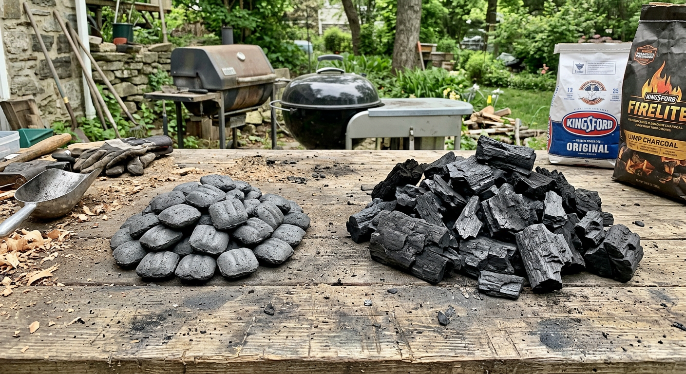 Comparing uniform charcoal briquettes and irregular lump charcoal on a workbench