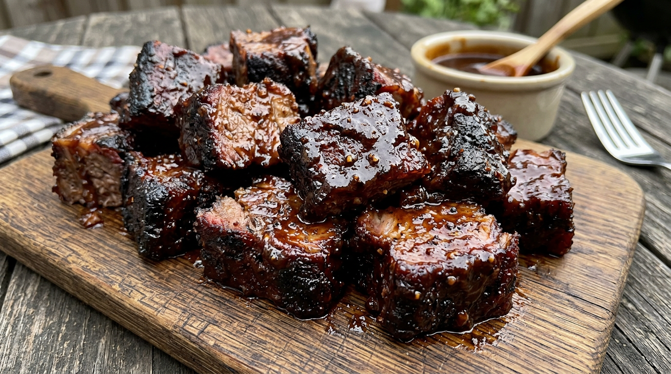 Extreme close-up of caramelized Kansas City burnt ends glistening with thick sweet dark sauce