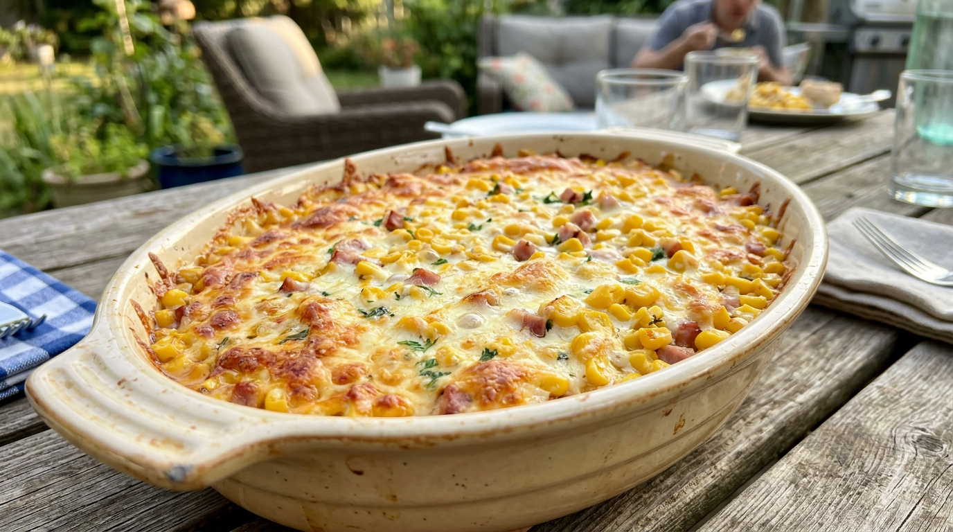 A ceramic dish of golden-brown Cheesy Corn Bake with kernels of corn and ham slivers