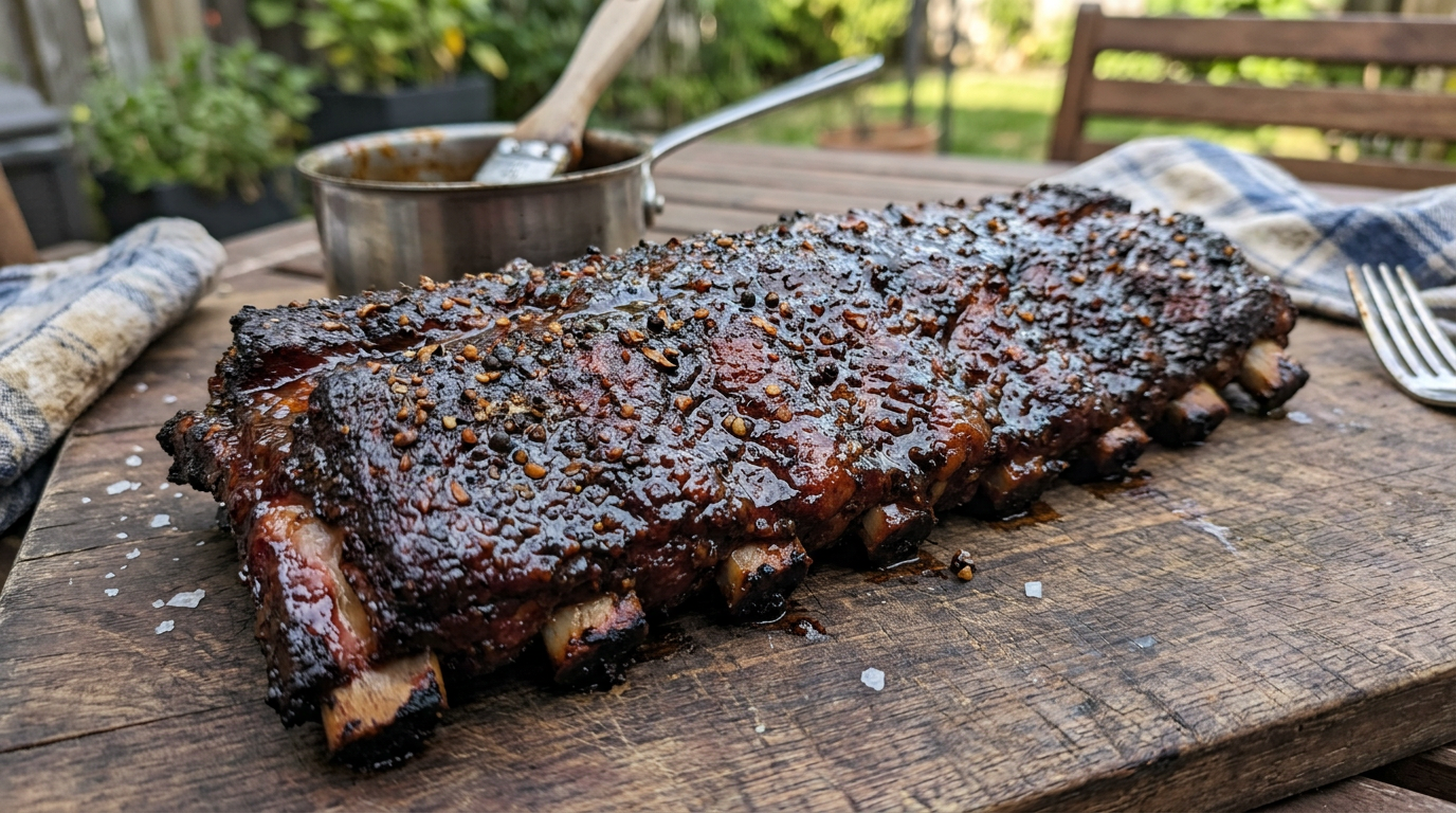 A slab of smoked pork ribs showing a deep mahogany bark and a thin tacky glaze