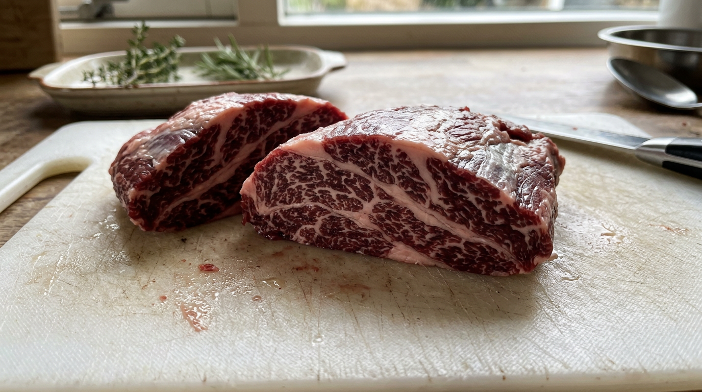 Raw beef cheeks close up