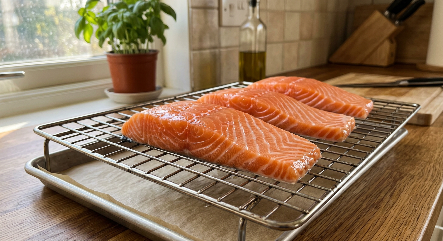 A close-up of a raw salmon fillets air-drying on a wire rack in a home kitchen, the surface is shiny and looks tacky