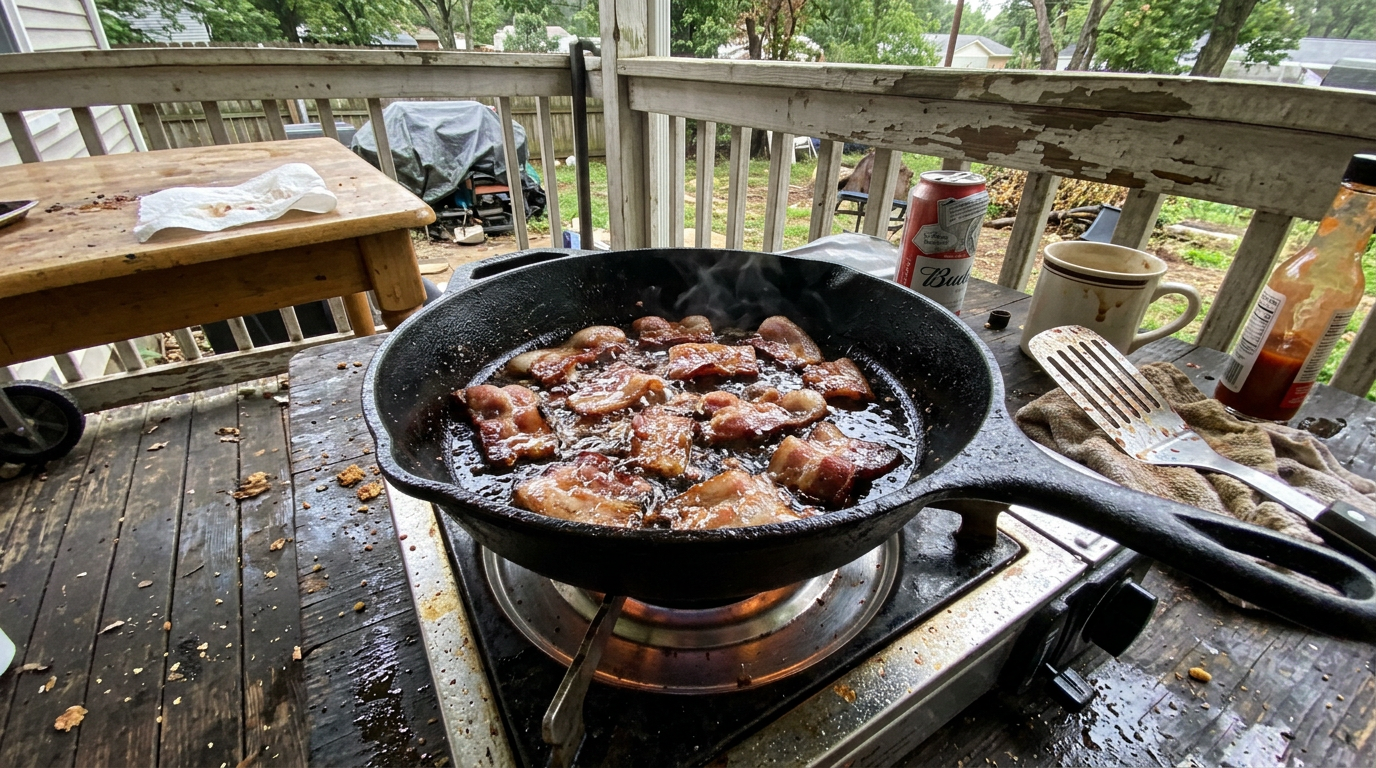 Sizzling buckboard bacon in cast iron