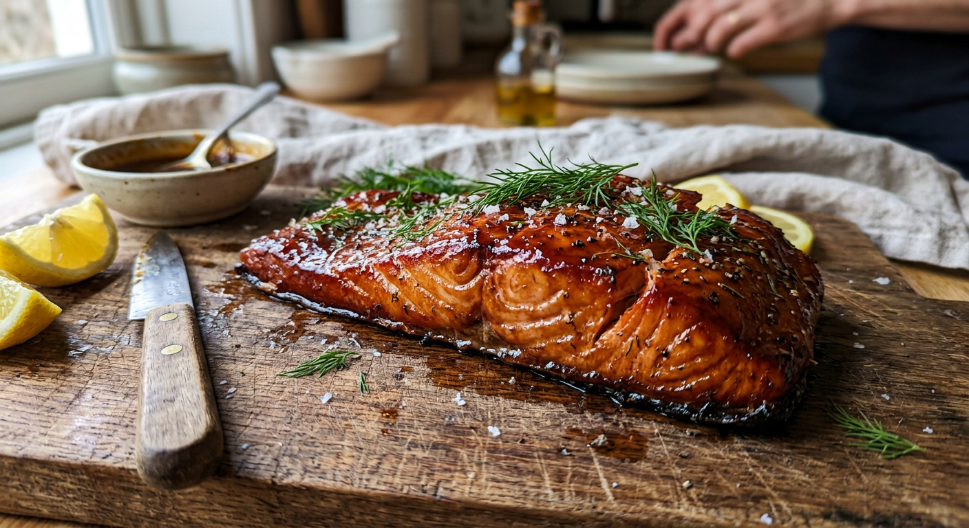 A beautifully smoked salmon fillet with a deep mahogany, shiny glaze on a wooden cutting board