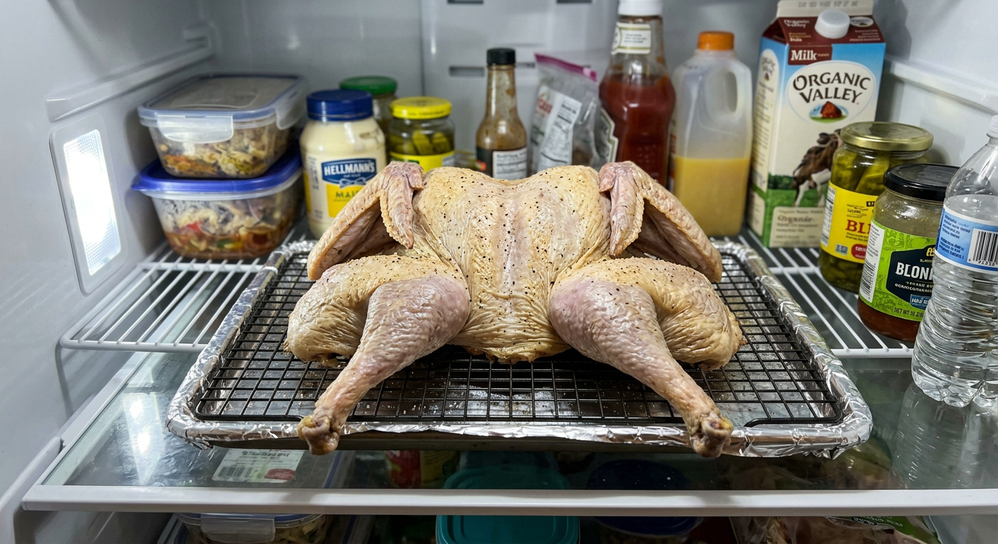 A spatchcocked turkey on a wire rack in a fridge, uncovered, skin looks dry and tight under natural fridge lighting